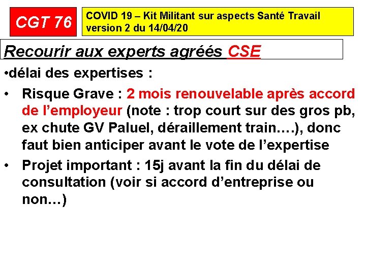 CGT 76 COVID 19 – Kit Militant sur aspects Santé Travail version 2 du