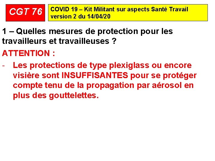 CGT 76 COVID 19 – Kit Militant sur aspects Santé Travail version 2 du