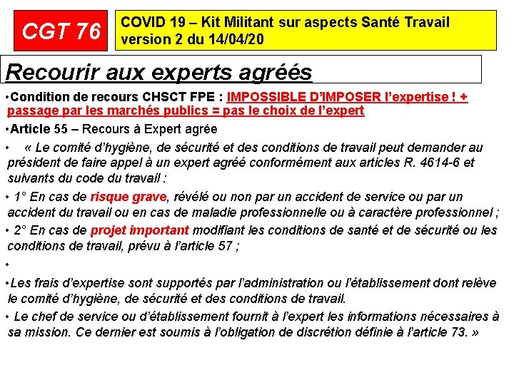 CGT 76 COVID 19 – Kit Militant sur aspects Santé Travail version 2 du