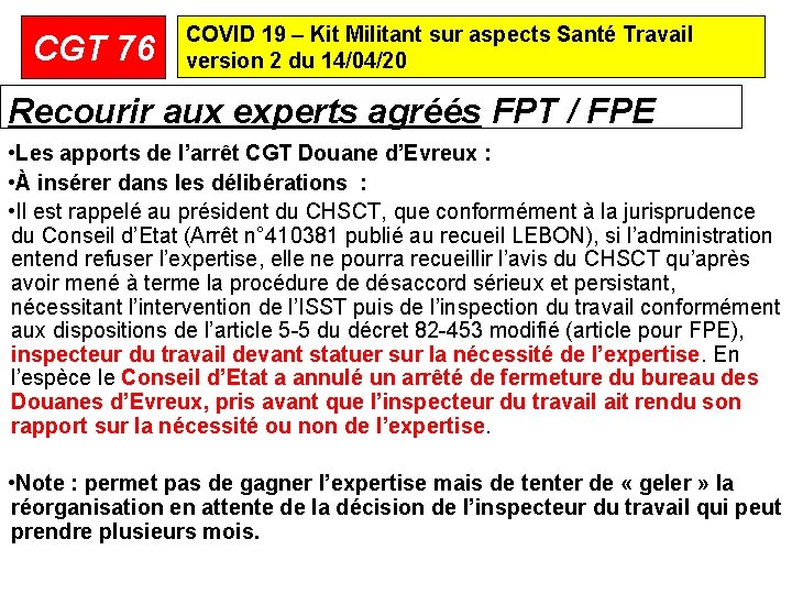 CGT 76 COVID 19 – Kit Militant sur aspects Santé Travail version 2 du