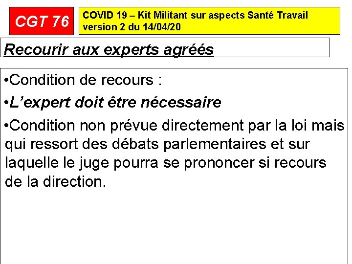 CGT 76 COVID 19 – Kit Militant sur aspects Santé Travail version 2 du