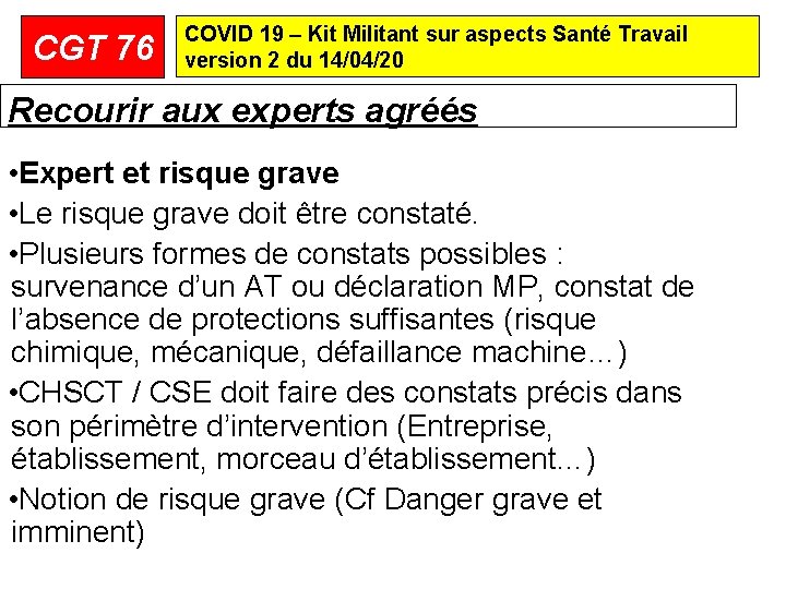 CGT 76 COVID 19 – Kit Militant sur aspects Santé Travail version 2 du