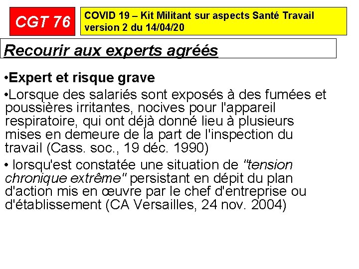 CGT 76 COVID 19 – Kit Militant sur aspects Santé Travail version 2 du