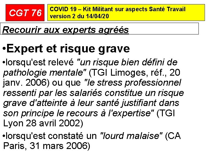 CGT 76 COVID 19 – Kit Militant sur aspects Santé Travail version 2 du