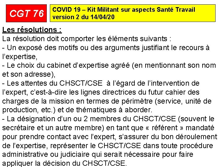 CGT 76 COVID 19 – Kit Militant sur aspects Santé Travail version 2 du