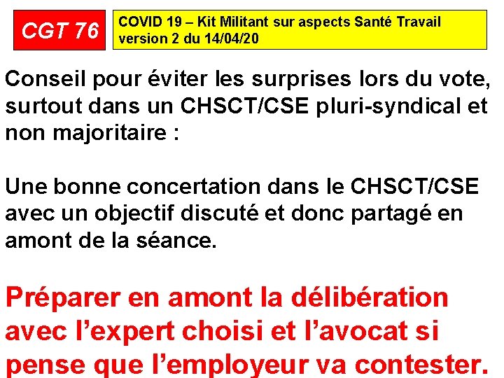 CGT 76 COVID 19 – Kit Militant sur aspects Santé Travail version 2 du