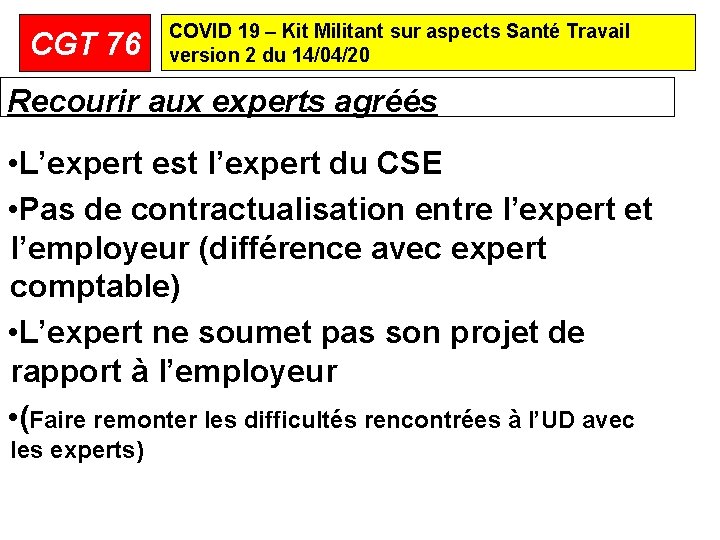 CGT 76 COVID 19 – Kit Militant sur aspects Santé Travail version 2 du