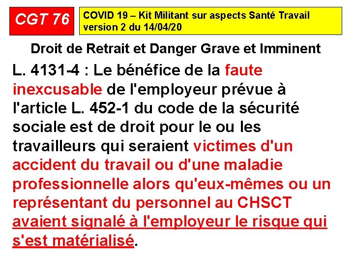 CGT 76 COVID 19 – Kit Militant sur aspects Santé Travail version 2 du