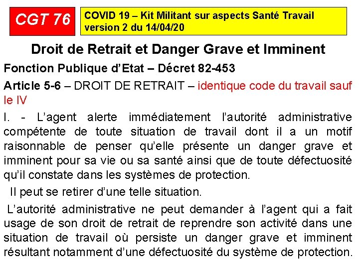 CGT 76 COVID 19 – Kit Militant sur aspects Santé Travail version 2 du