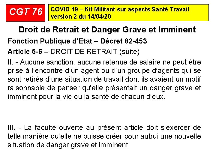 CGT 76 COVID 19 – Kit Militant sur aspects Santé Travail version 2 du