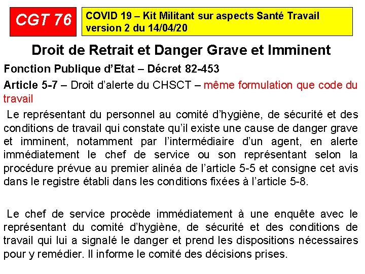 CGT 76 COVID 19 – Kit Militant sur aspects Santé Travail version 2 du