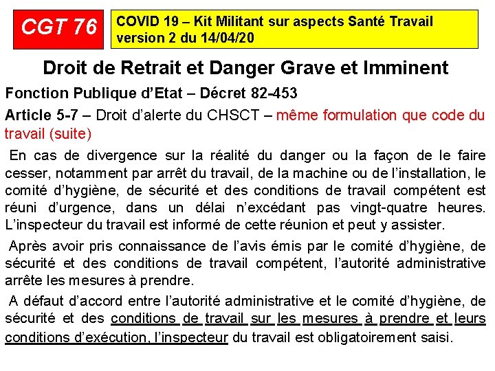 CGT 76 COVID 19 – Kit Militant sur aspects Santé Travail version 2 du