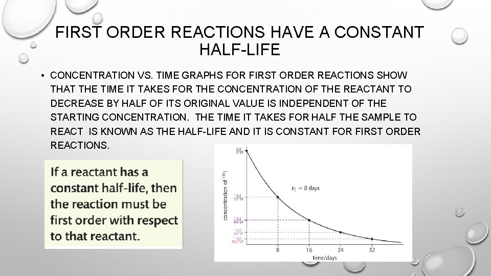 FIRST ORDER REACTIONS HAVE A CONSTANT HALF-LIFE • CONCENTRATION VS. TIME GRAPHS FOR FIRST