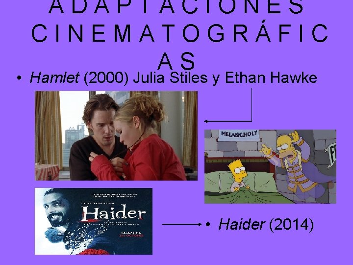 ADAPTACIONES CINEMATOGRÁFIC AS • Hamlet (2000) Julia Stiles y Ethan Hawke • Haider (2014)