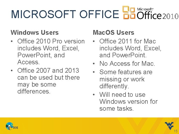 MICROSOFT OFFICE Windows Users • Office 2010 Pro version includes Word, Excel, Power. Point,
