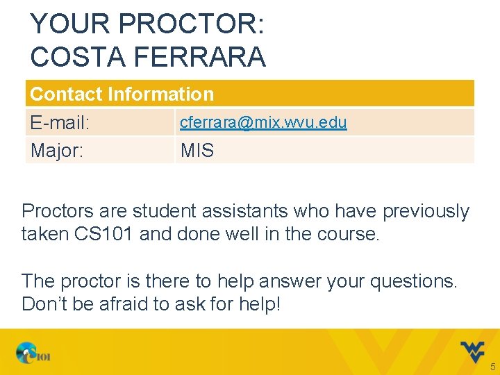 YOUR PROCTOR: COSTA FERRARA Contact Information cferrara@mix. wvu. edu E-mail: Major: MIS Proctors are