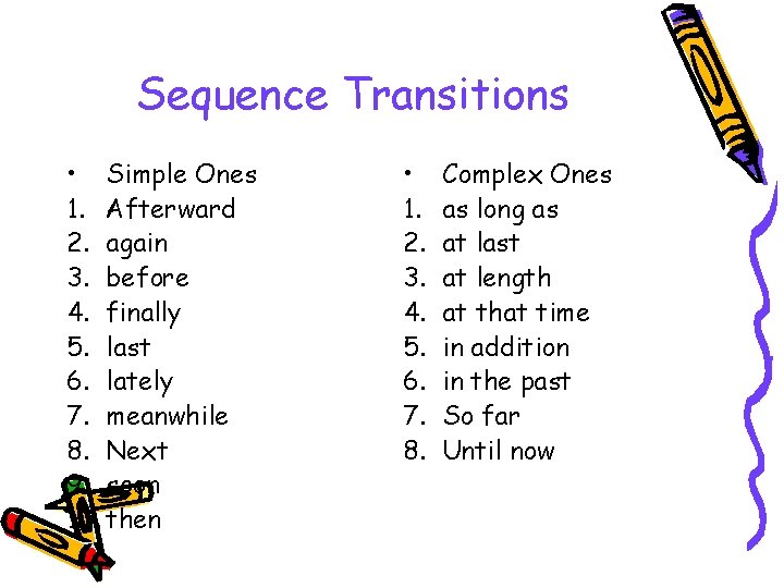 Sequence Transitions • Simple Ones 1. Afterward 2. again 3. before 4. finally 5.