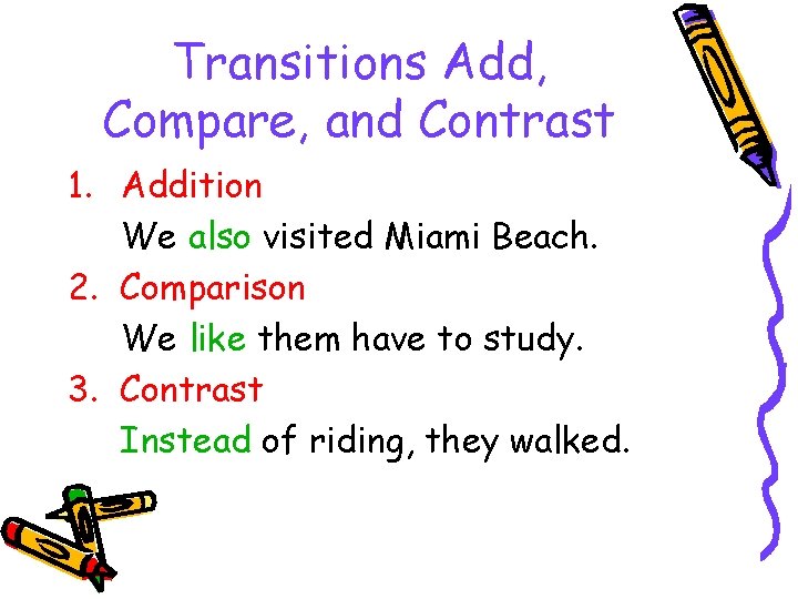 Transitions Add, Compare, and Contrast 1. Addition We also visited Miami Beach. 2. Comparison