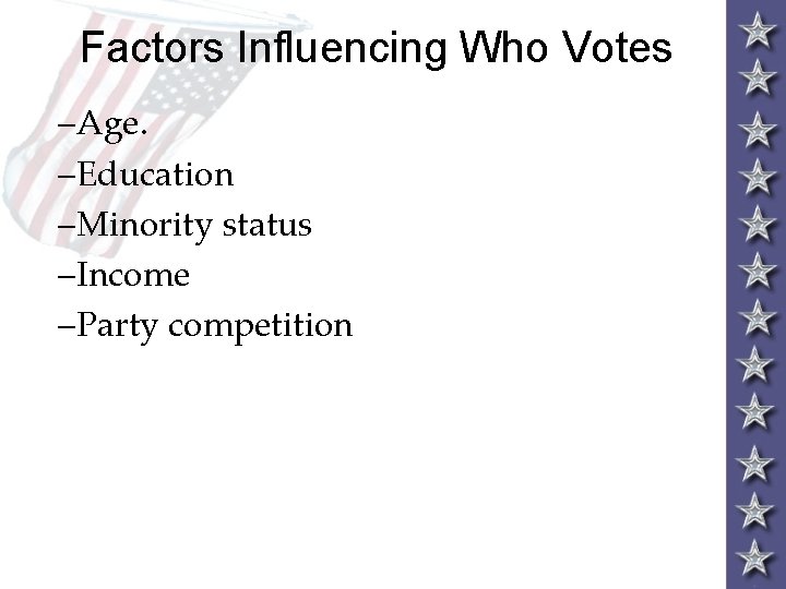 Factors Influencing Who Votes –Age. –Education –Minority status –Income –Party competition 
