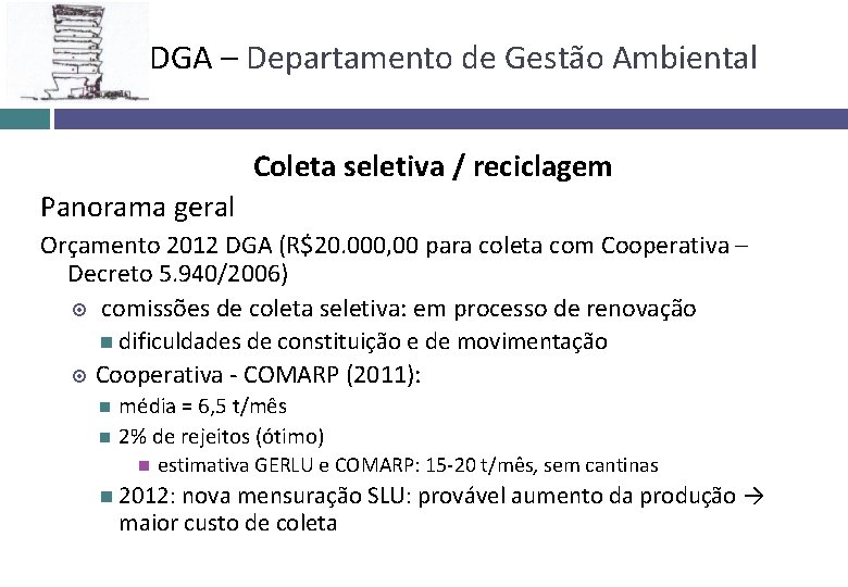 DGA – Departamento de Gestão Ambiental Coleta seletiva / reciclagem Panorama geral Orçamento 2012