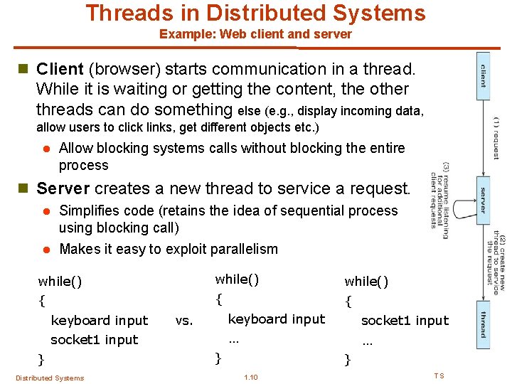 Threads in Distributed Systems Example: Web client and server n Client (browser) starts communication