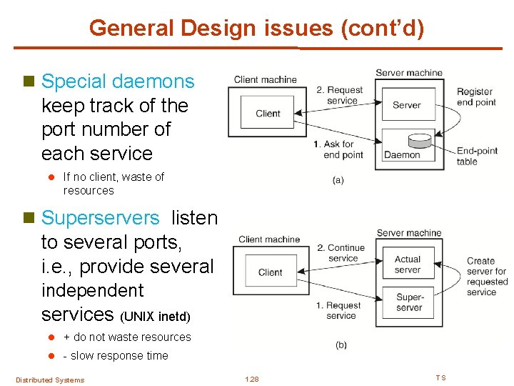 General Design issues (cont’d) n Special daemons keep track of the port number of