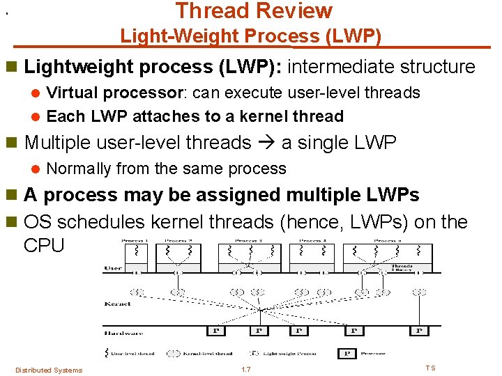 Thread Review . Light-Weight Process (LWP) n Lightweight process (LWP): intermediate structure Virtual processor: