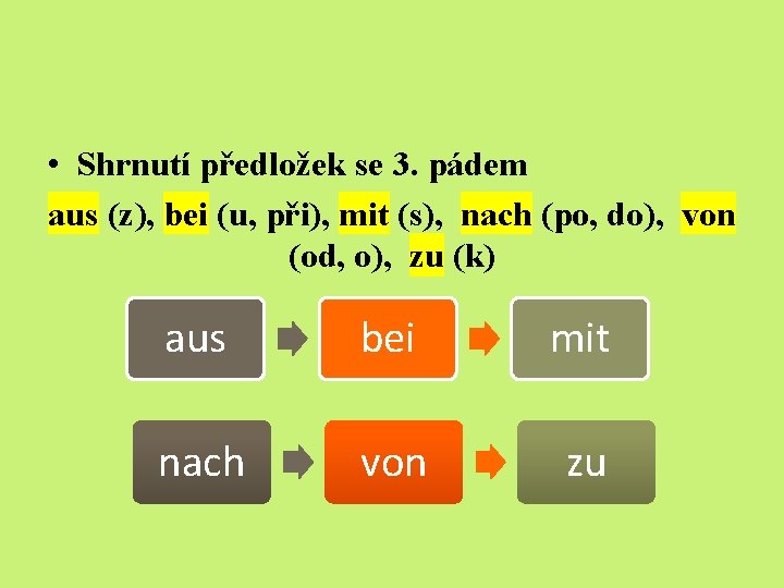  • Shrnutí předložek se 3. pádem aus (z), bei (u, při), mit (s),