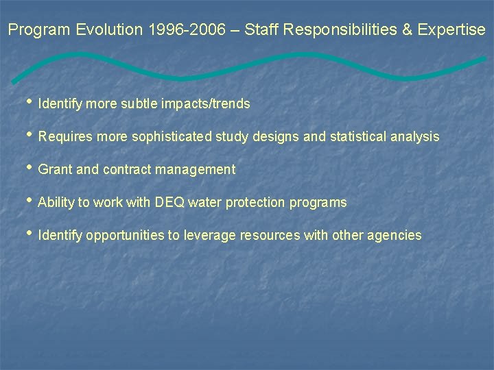 Program Evolution 1996 -2006 – Staff Responsibilities & Expertise • Identify more subtle impacts/trends