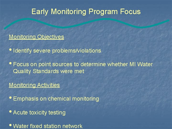 Early Monitoring Program Focus Monitoring Objectives • Identify severe problems/violations • Focus on point