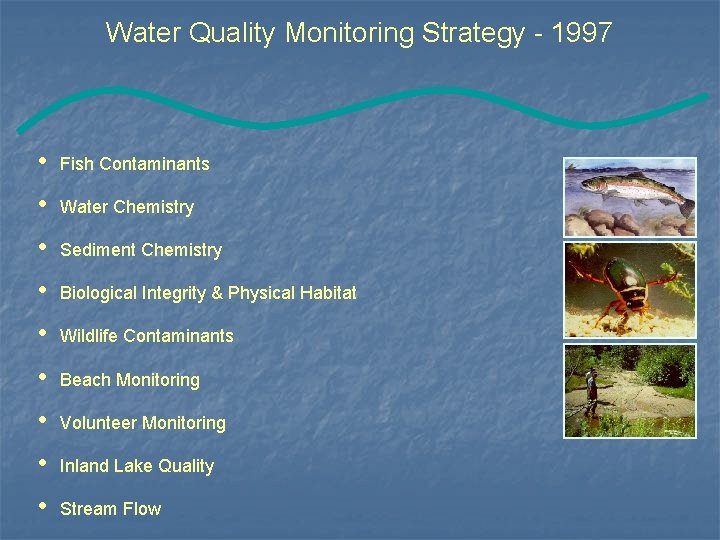 Water Quality Monitoring Strategy - 1997 • Fish Contaminants • Water Chemistry • Sediment