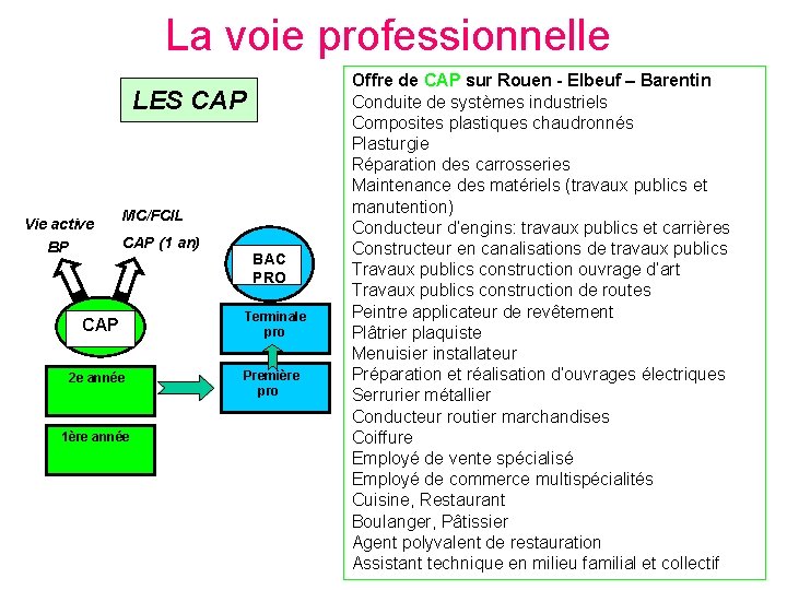 La voie professionnelle LES CAP Vie active MC/FCIL CAP (1 an) BP BAC PRO