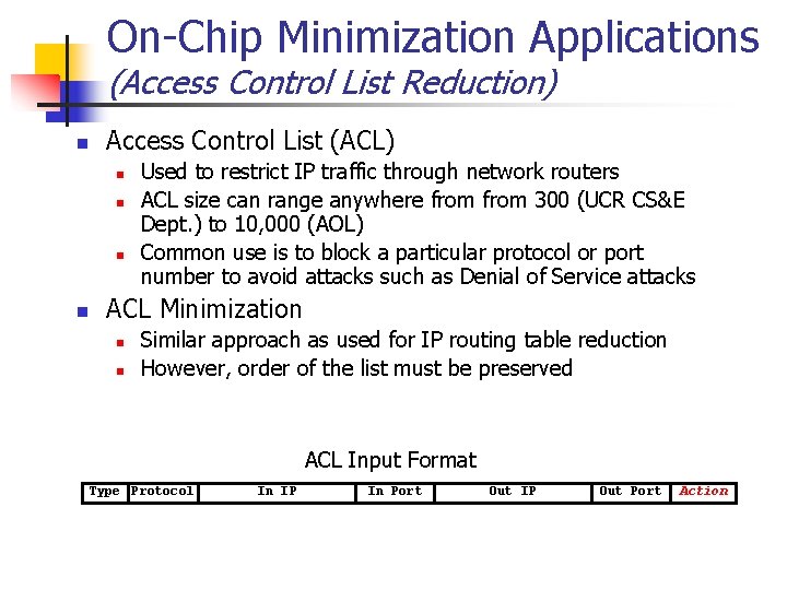 On-Chip Minimization Applications (Access Control List Reduction) n Access Control List (ACL) n n