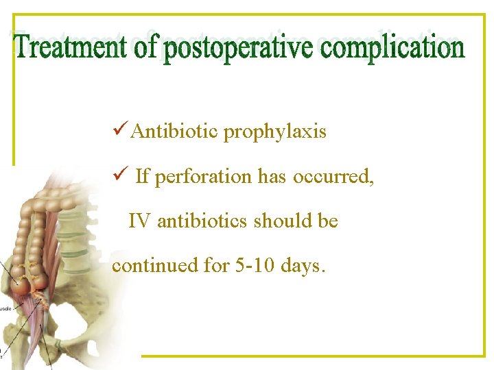 üAntibiotic prophylaxis ü If perforation has occurred, IV antibiotics should be continued for 5