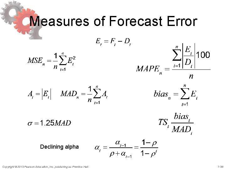 Measures of Forecast Error Declining alpha Copyright © 2013 Pearson Education, Inc. publishing as Measures of Forecast Error Declining alpha Copyright © 2013 Pearson Education, Inc. publishing as