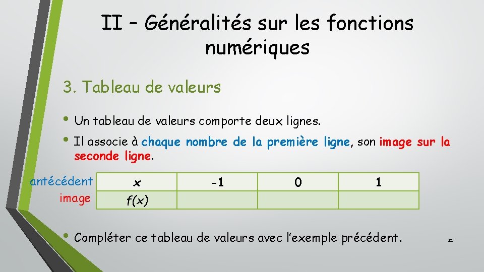 II – Généralités sur les fonctions numériques 3. Tableau de valeurs • Un tableau II – Généralités sur les fonctions numériques 3. Tableau de valeurs • Un tableau
