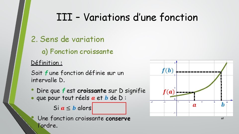 III – Variations d’une fonction 2. Sens de variation a) Fonction croissante Définition : III – Variations d’une fonction 2. Sens de variation a) Fonction croissante Définition :