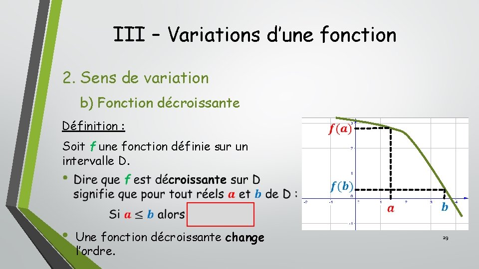 III – Variations d’une fonction 2. Sens de variation b) Fonction décroissante Définition : III – Variations d’une fonction 2. Sens de variation b) Fonction décroissante Définition :