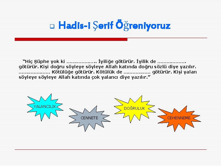 q Hadis-i Şerif Öğreniyoruz “Hiç Şüphe yok ki ………………. . İyiliğe götürür. İyilik de