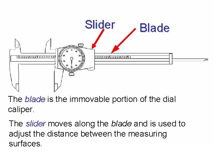 Slider Blade The blade is the immovable portion of the dial caliper. The slider