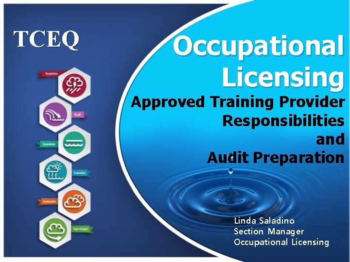 TCEQ Occupational Licensing Approved Training Provider Responsibilities and Audit Preparation Linda Saladino Section Manager