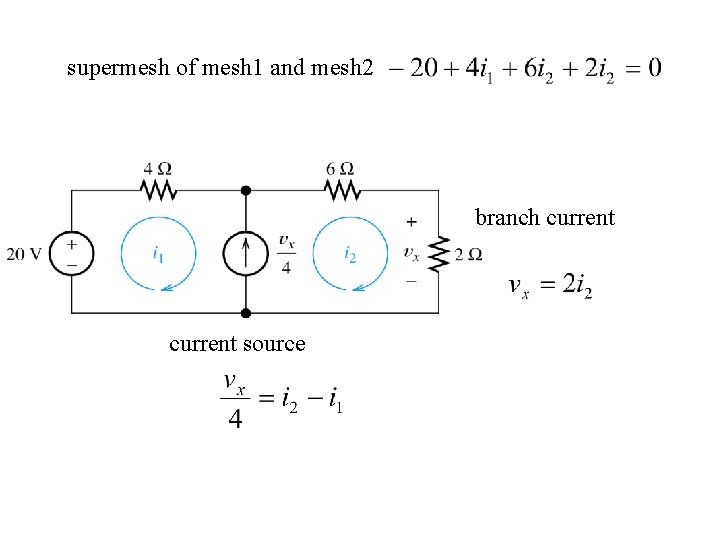 supermesh of mesh 1 and mesh 2 branch current source 