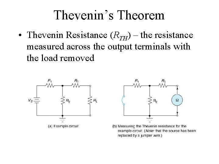 Thevenin’s Theorem • Thevenin Resistance (RTH) – the resistance measured across the output terminals