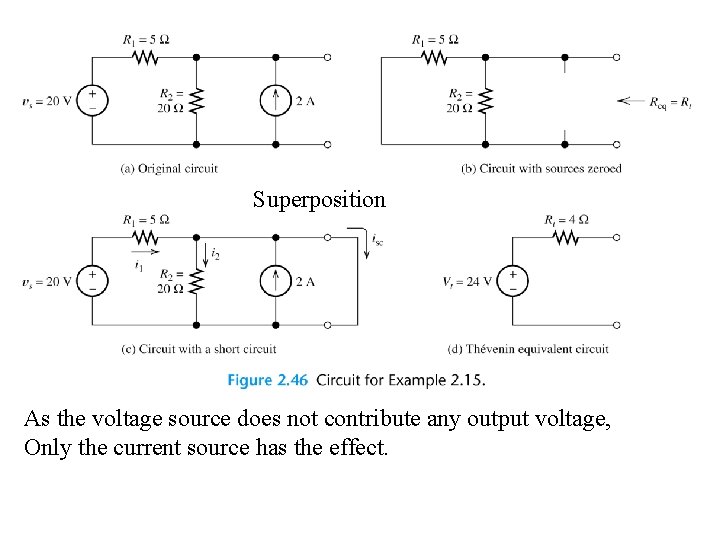 Superposition As the voltage source does not contribute any output voltage, Only the current