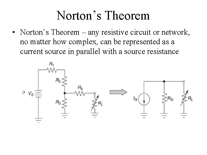 Norton’s Theorem • Norton’s Theorem – any resistive circuit or network, no matter how