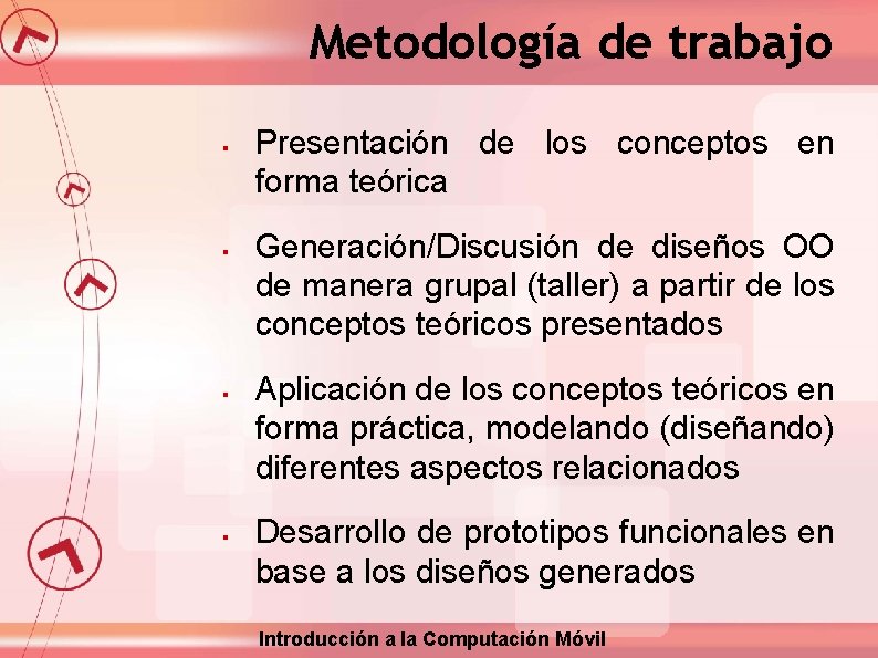 Metodología de trabajo § § Presentación de los conceptos en forma teórica Generación/Discusión de