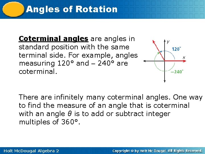 Angles of Rotation Coterminal angles are angles in standard position with the same terminal