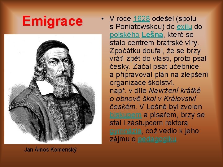 Emigrace Jan Ámos Komenský • V roce 1628 odešel (spolu s Poniatowskou) do exilu