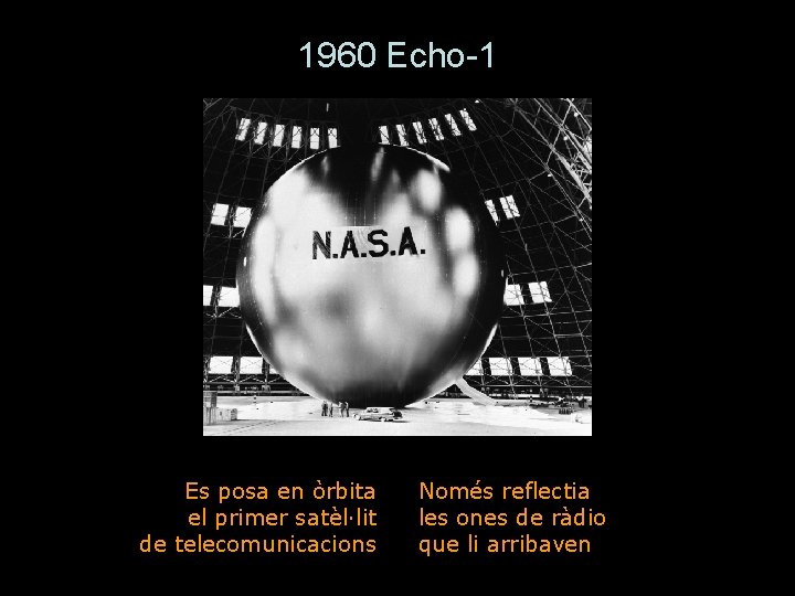 1960 Echo-1 Es posa en òrbita el primer satèl·lit de telecomunicacions Només reflectia les