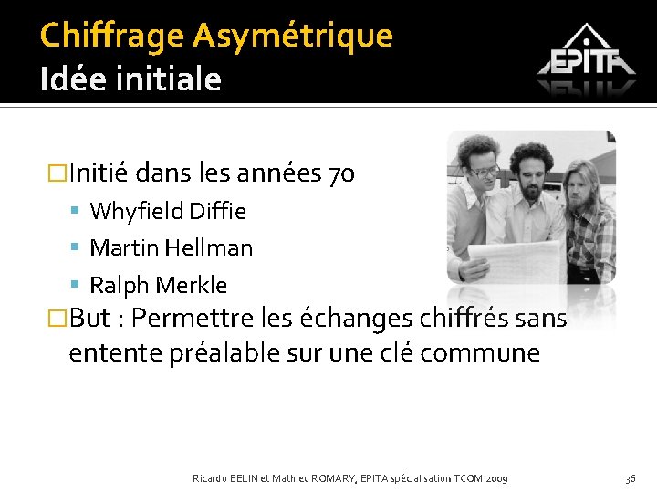Chiffrage Asymétrique Idée initiale �Initié dans les années 70 Whyfield Diffie Martin Hellman Ralph
